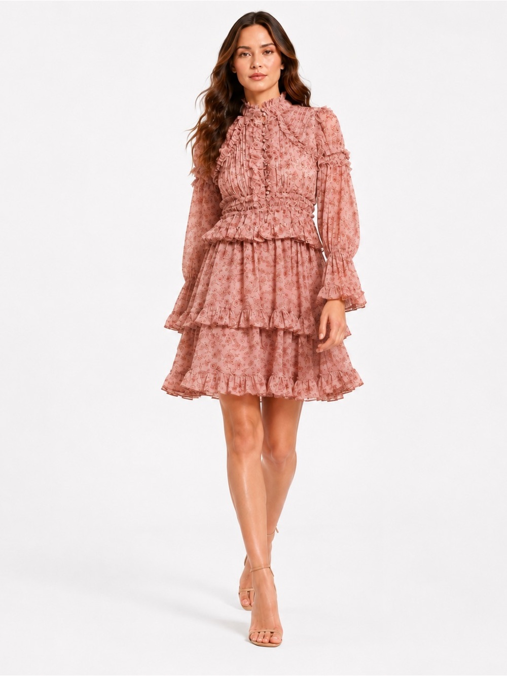 Mac Duggal Cinnamon Pink Floral Long Sleeve Ruffle Mini Dress Size 8 NWT
